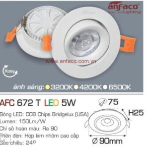 Đèn âm 5w 672T vỏ trắng as vàng 4200k Anfaco (đk khoét lỗ 7,5cm, dk phủ bì 9cm)